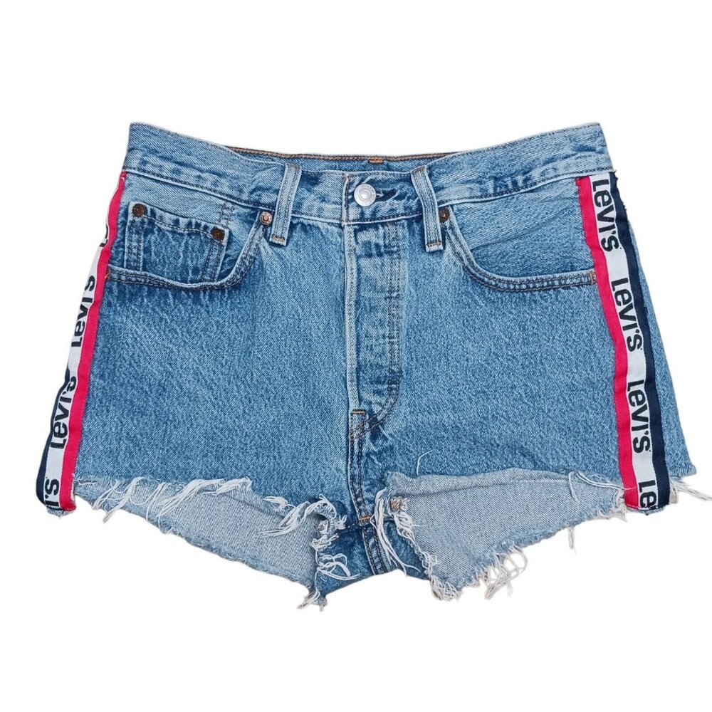 LEVIS 501 Premium Sport Tape Denim Jean Shorts Cutoffs Frayed Hem Big E Sz 26 - Picture 3 of 16